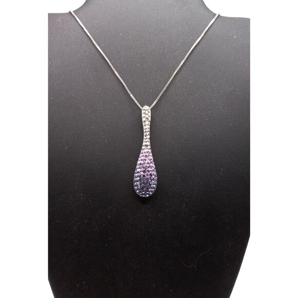 Sterling Silver Ombre Purple Crystal Teardrop Pendant Necklace 18” Box Chain 925 - Picture 1 of 3
